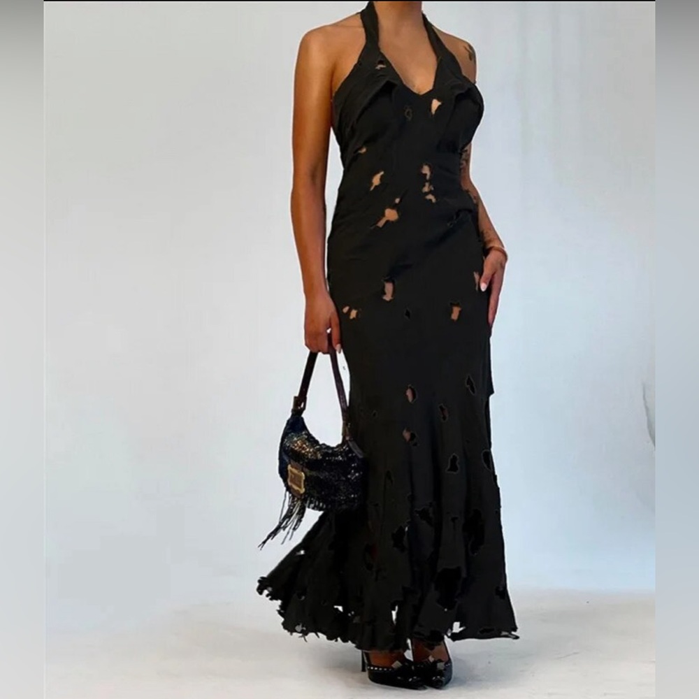 Jagger Onyx Peekaboo Asymmetrical Bodycon Halter Maxi Dress